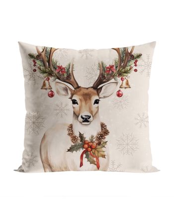 Poszewka welwetowa w kolorze beżowym, świąteczny nadruk, rozmiar 40x40 cm, Vintage jelonek