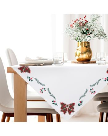 alt="Serweta świąteczna z kokardą w szkocką kratę i gałązkami, 80x80 cm – Markizeta Home, produkt polski"