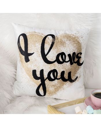 Walentynkowa poszewka z welwetu ze złotym sercem i napisem I Love You, 40x40cm, kolor biały