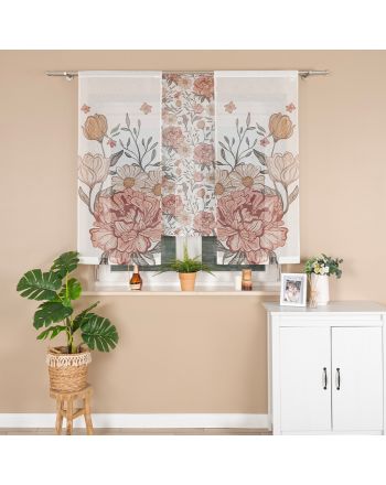 Panel firanowy o strukturze lnu z motywem piwonii w stylu boho, rozmiar 40x120 cm