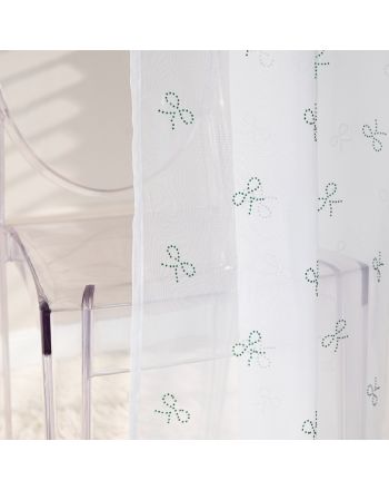 Firana do salonu na taśmie, biały woal w diamentowe zielone wstążki Ribbon, rozmiar 140x250 cm