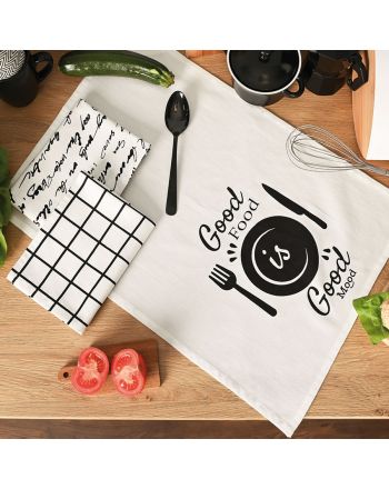 Zestaw 3 ścierek kuchennych Good Food Good Mood, rozmiar 40x60 cm, kolor czarno biały
