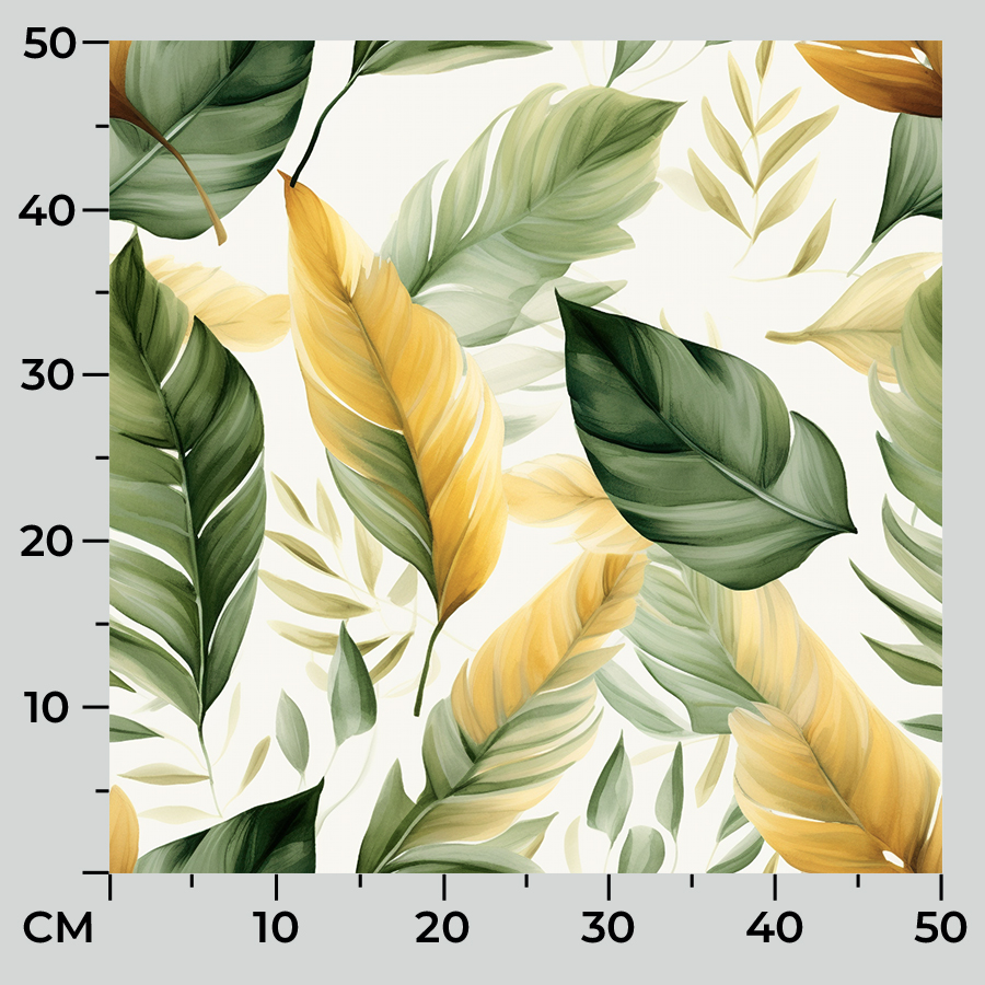Biała tkanina zasłonowa velvet, drukowana w zielono-żółte liście, szerokość 150 cm, Olive - sprzedawana na metry