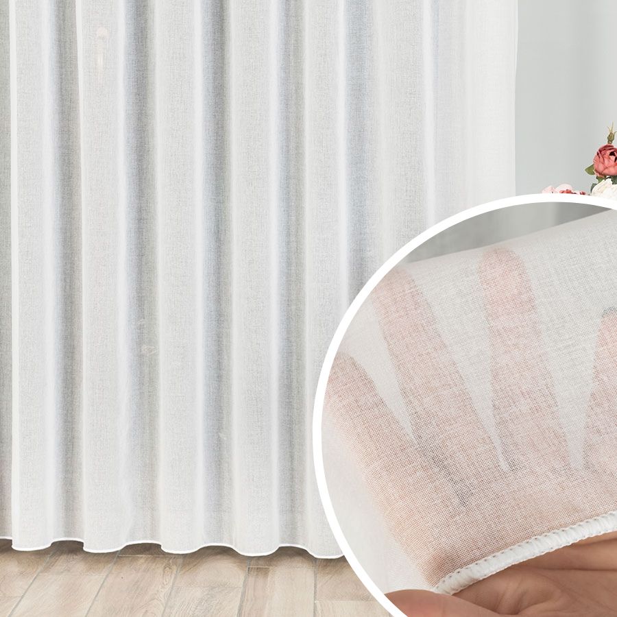 Gładka firana na taśmie z etaminy, kolor off-white, wysokość do 320 cm. Etamin - szyta na wymiar
