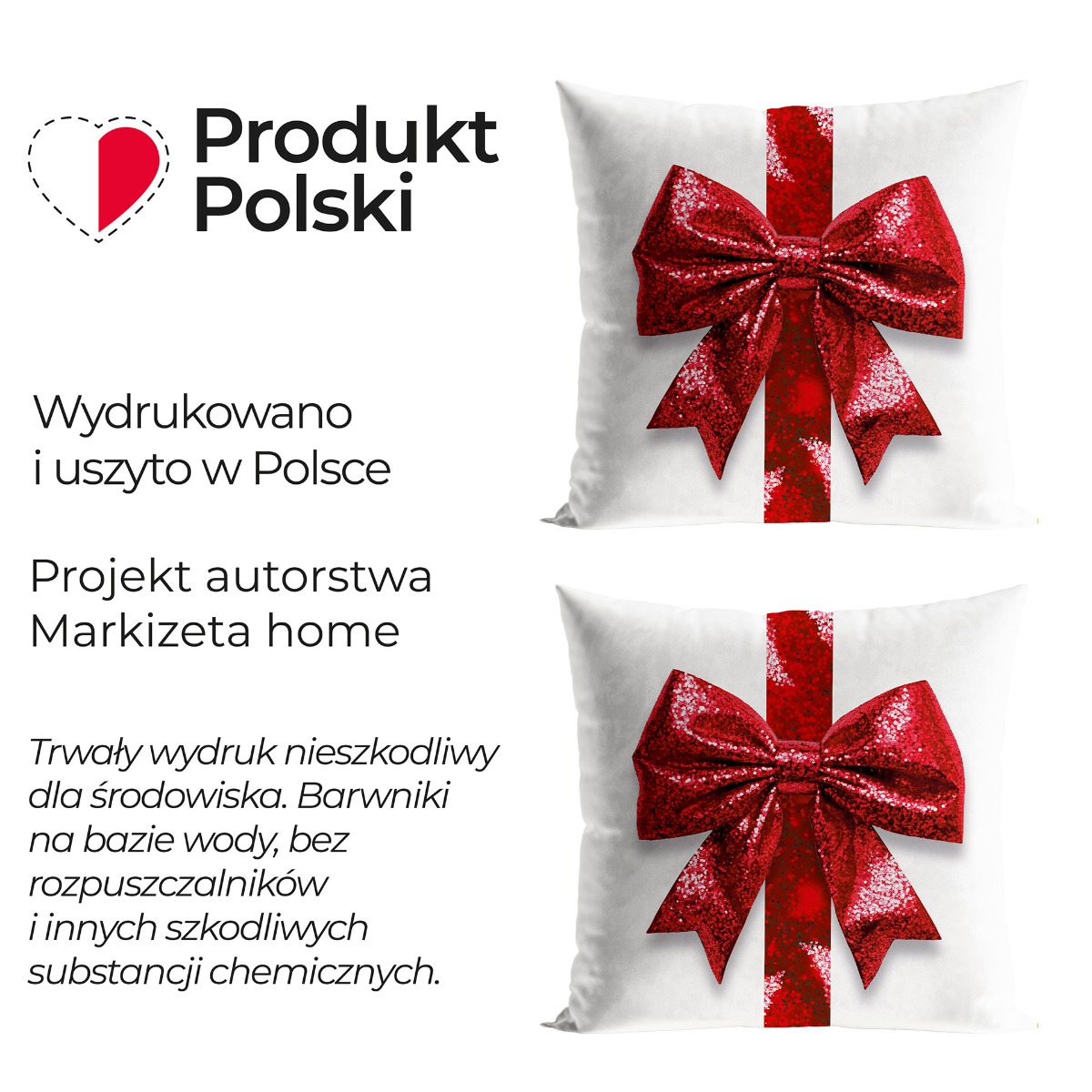 Poszewka welwetowa z świątecznym nadrukiem 3D, rozmiar 40x40 cm, Brokatowa kokarda