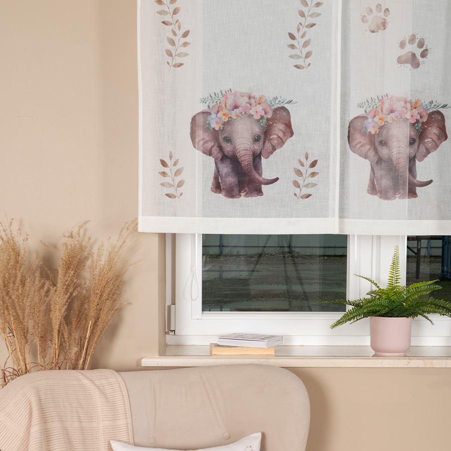 Panel firanowy o strukturze lnu do pokoju dziecięcego z motywem słonia, rozmiar 60x120 cm