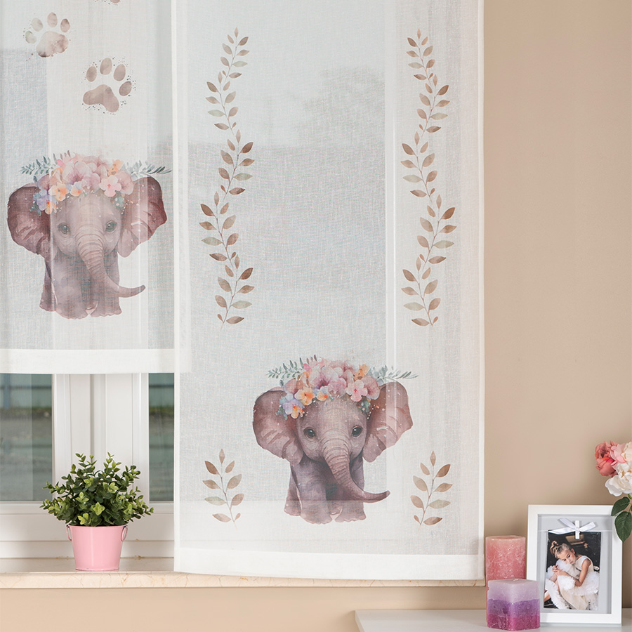 Panel firanowy o strukturze lnu do pokoju dziecięcego z motywem słonia, rozmiar 60x160 cm