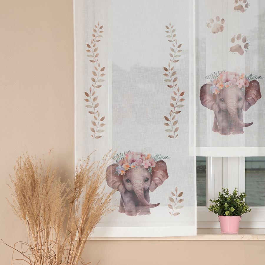 Panel firanowy o strukturze lnu do pokoju dziecięcego z motywem słonia, rozmiar 60x160 cm