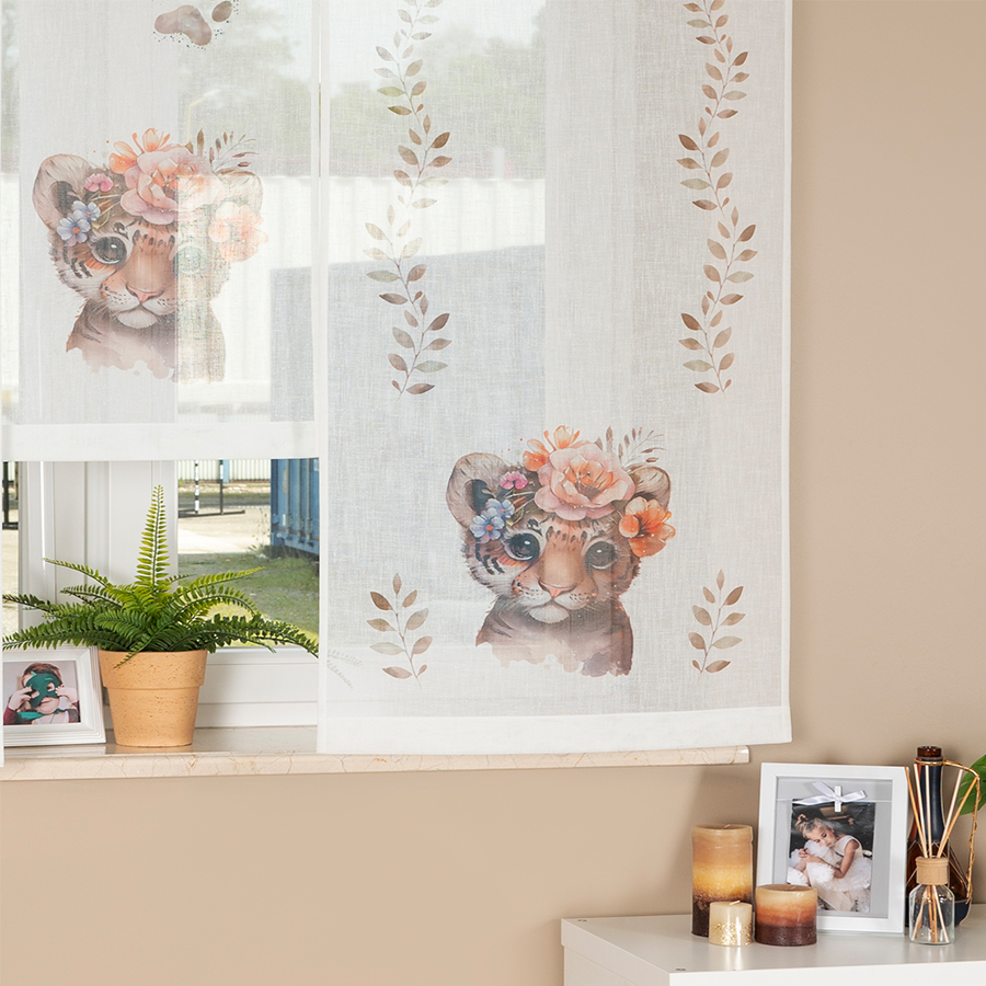 Panel firanowy o strukturze lnu do pokoju dziecięcego z motywem tygrysa, rozmiar 60x160 cm