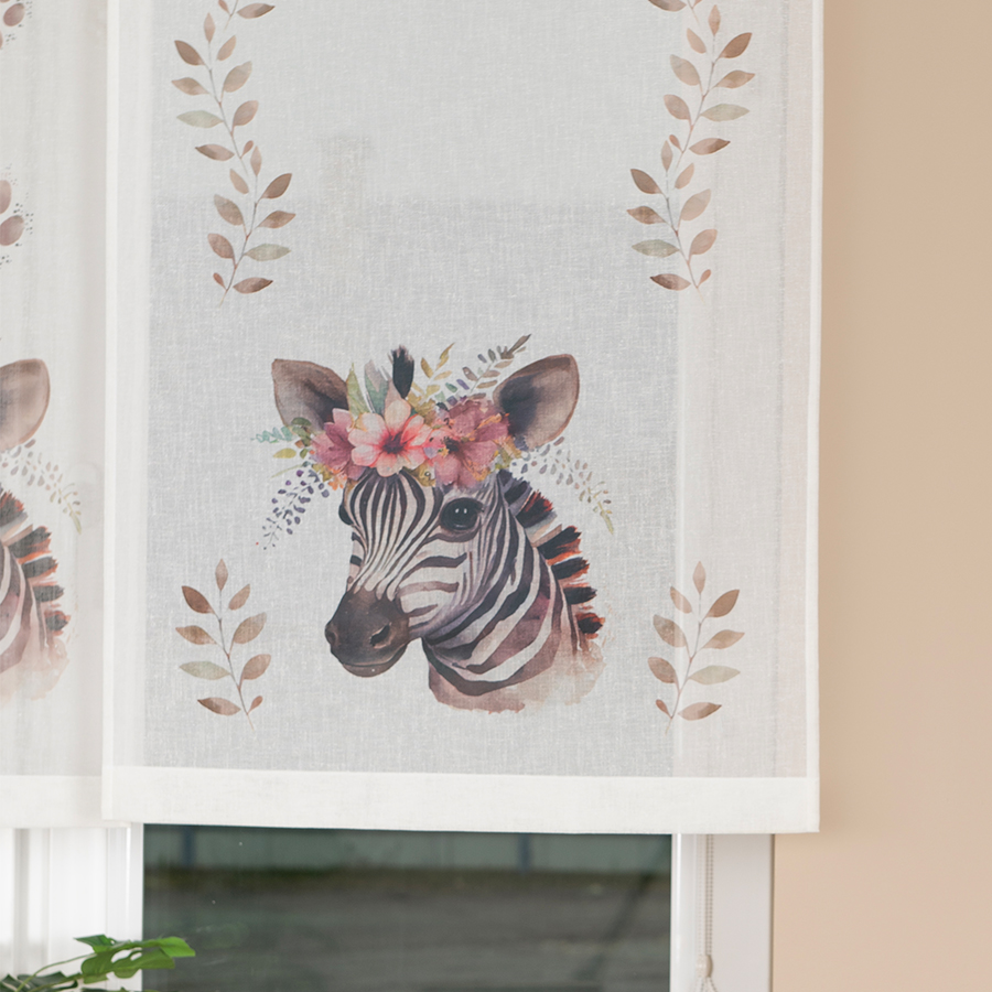 Panel firanowy o strukturze lnu do pokoju dziecięcego z motywem zebry, rozmiar 60x120 cm