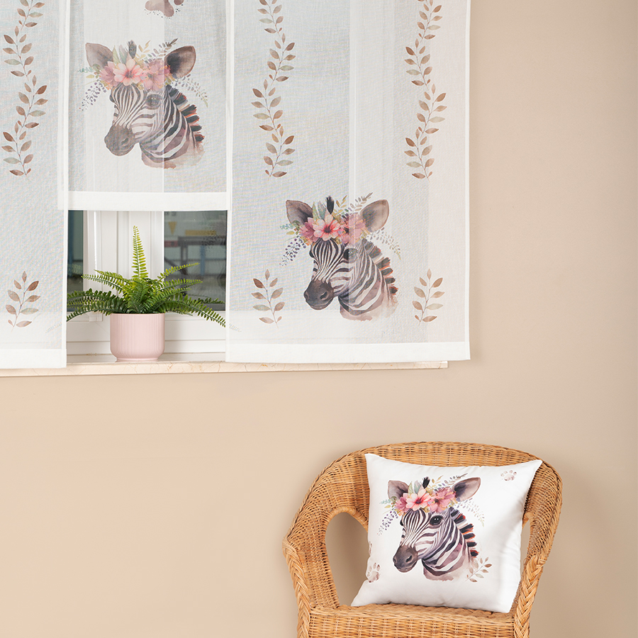 Panel firanowy o strukturze lnu do pokoju dziecięcego z motywem zebry, rozmiar 60x160 cm