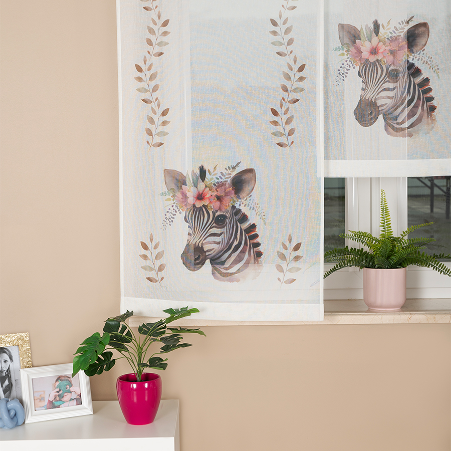 Panel firanowy o strukturze lnu do pokoju dziecięcego z motywem zebry, rozmiar 60x160 cm