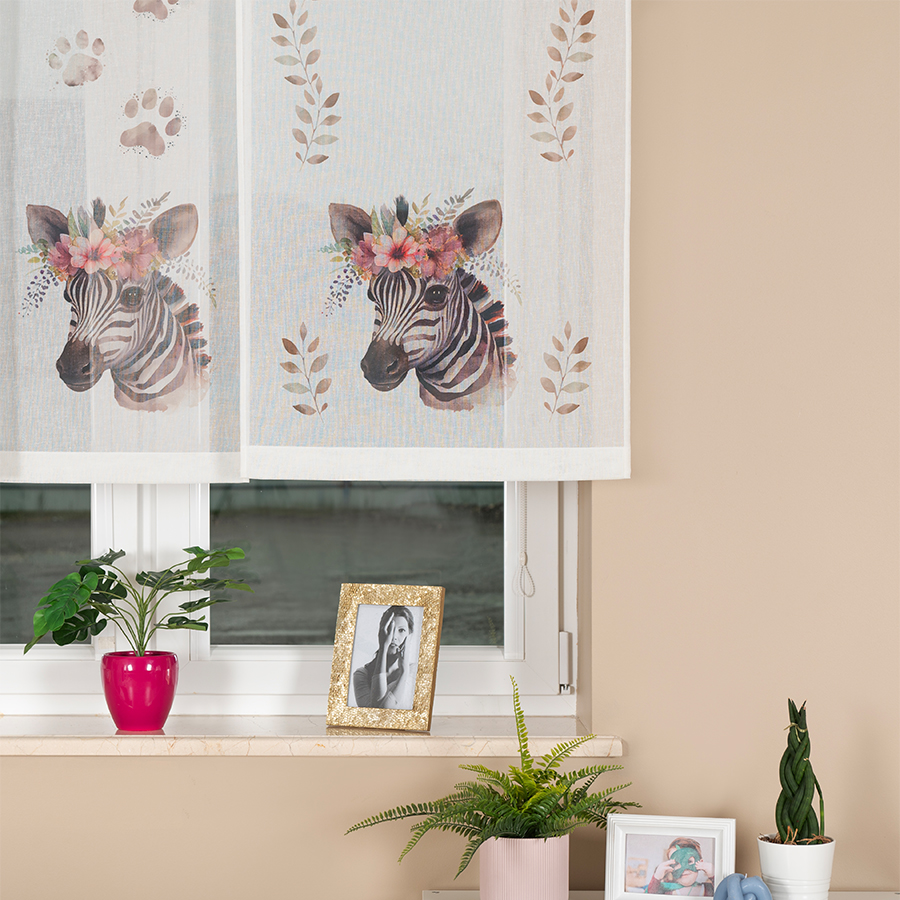 Panel firanowy o strukturze lnu do pokoju dziecięcego z motywem zebry, rozmiar 60x120 cm