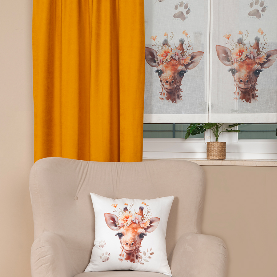 Panel firanowy o strukturze lnu do pokoju dziecięcego z motywem żyrafy, rozmiar 40x140 cm