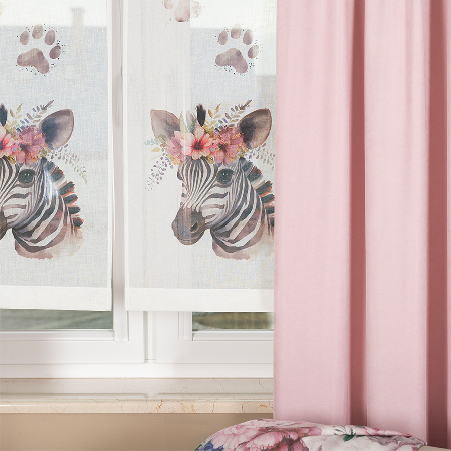 Panel firanowy o strukturze lnu do pokoju dziecięcego z motywem zebry, rozmiar 40x140 cm
