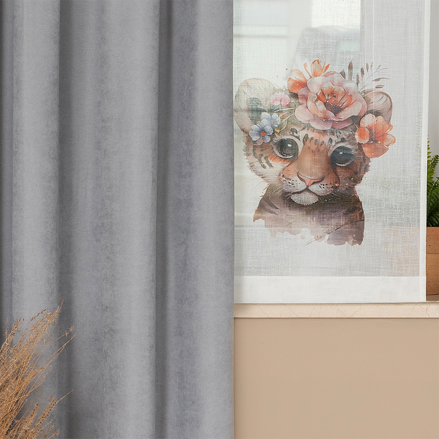 Panel firanowy o strukturze lnu do pokoju dziecięcego z motywem tygrysa, rozmiar 40x160 cm