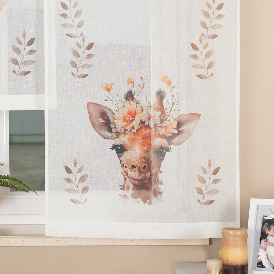 Panel firanowy o strukturze lnu do pokoju dziecięcego z motywem żyrafy, rozmiar 60x120 cm