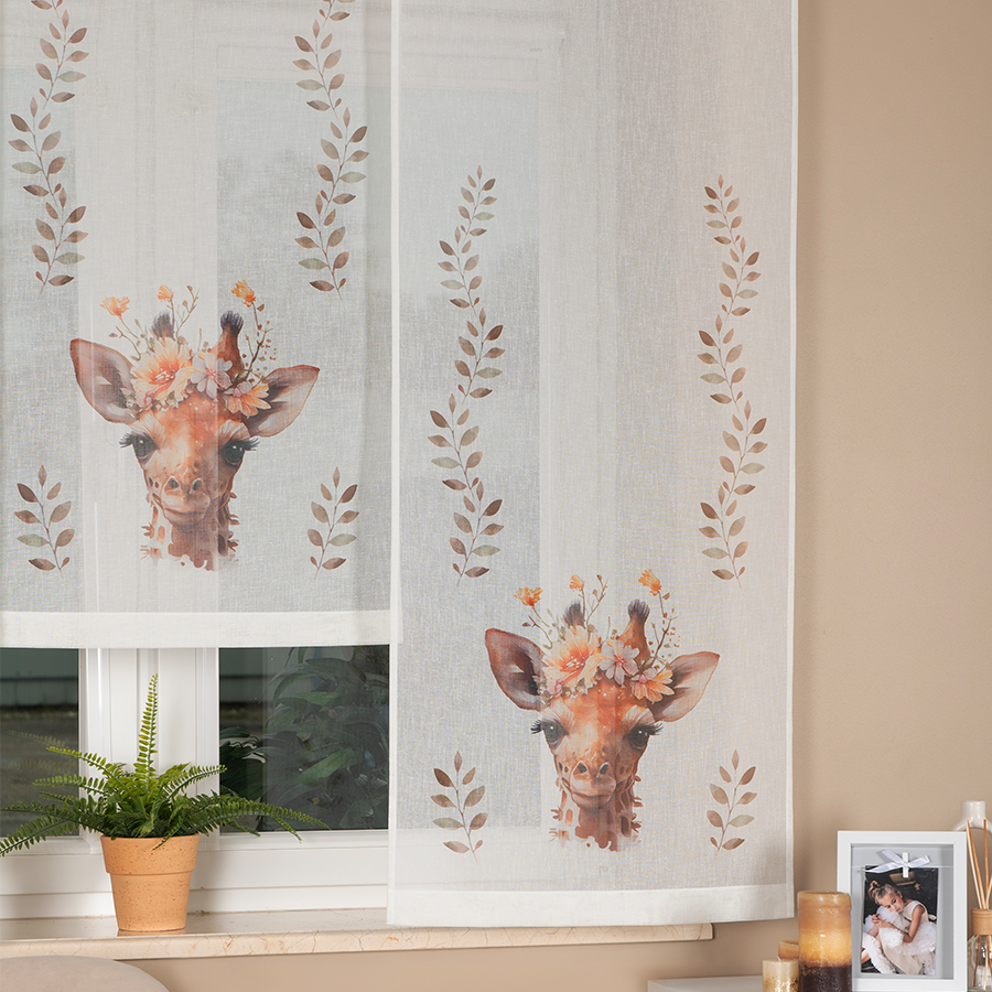 Panel firanowy o strukturze lnu do pokoju dziecięcego z motywem żyrafy, rozmiar 60x160 cm