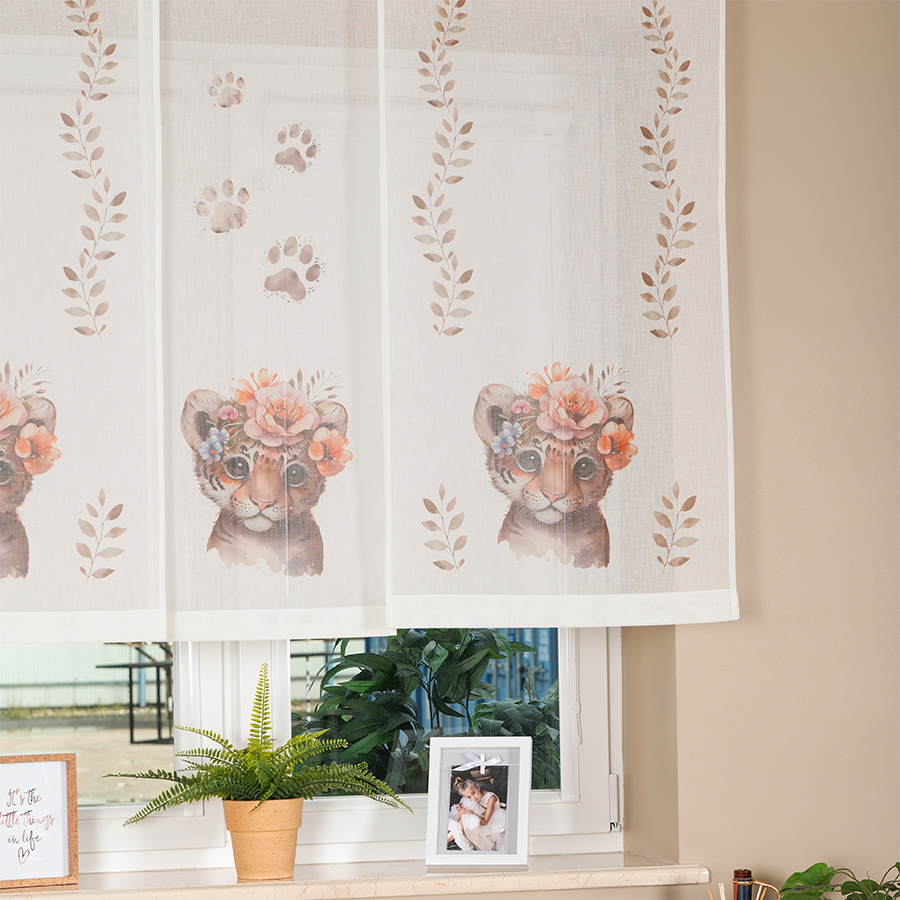 Panel firanowy o strukturze lnu do pokoju dziecięcego z motywem tygrysa, rozmiar 60x120 cm